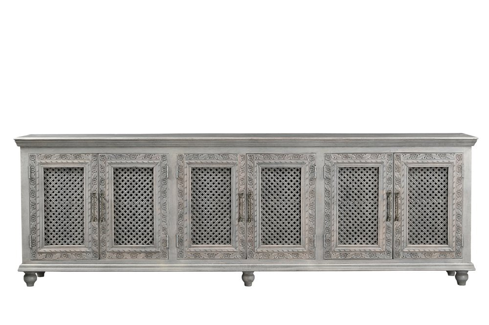 111" Gray Distressed Solid Wood Carved Floral Sideboard with Six Doors