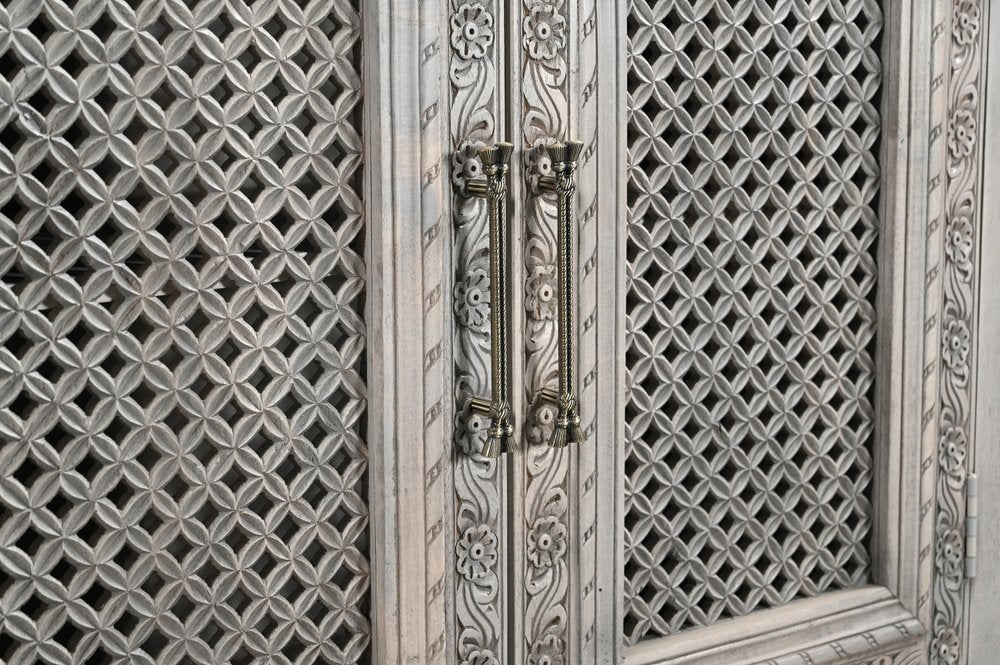 111" Gray Distressed Solid Wood Carved Floral Sideboard with Six Doors