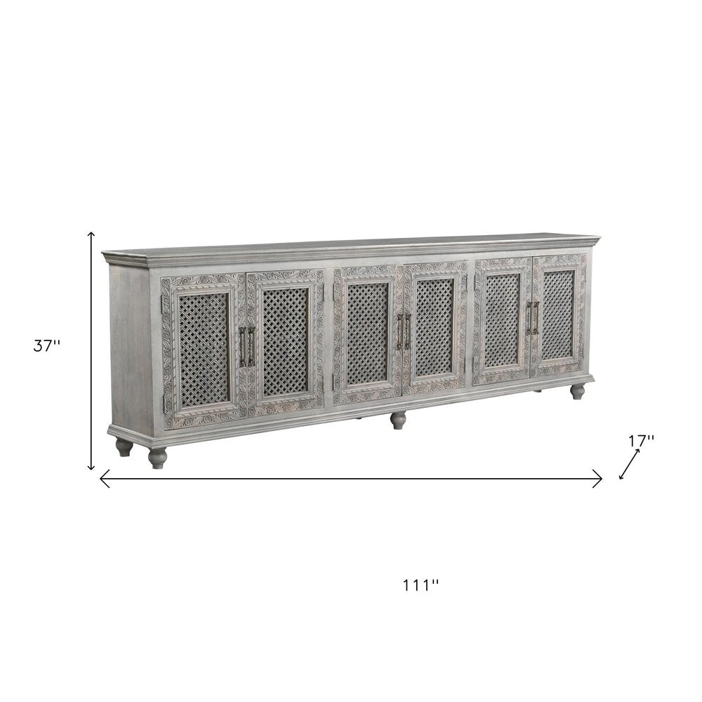 111" Gray Distressed Solid Wood Carved Floral Sideboard with Six Doors