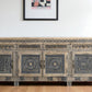 102" Natural And Black Distressed Solid Wood Carved Geometric Four Drawer Sideboard