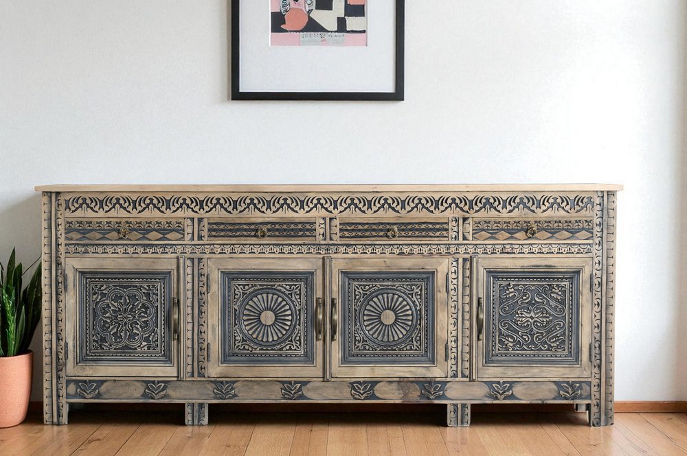 102" Natural And Black Distressed Solid Wood Carved Geometric Four Drawer Sideboard