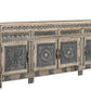 102" Natural And Black Distressed Solid Wood Carved Geometric Four Drawer Sideboard