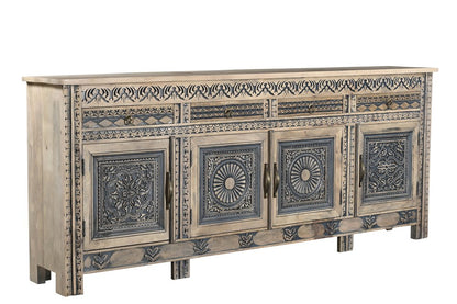102" Natural And Black Distressed Solid Wood Carved Geometric Four Drawer Sideboard