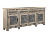 102" Natural And Black Distressed Solid Wood Carved Geometric Four Drawer Sideboard