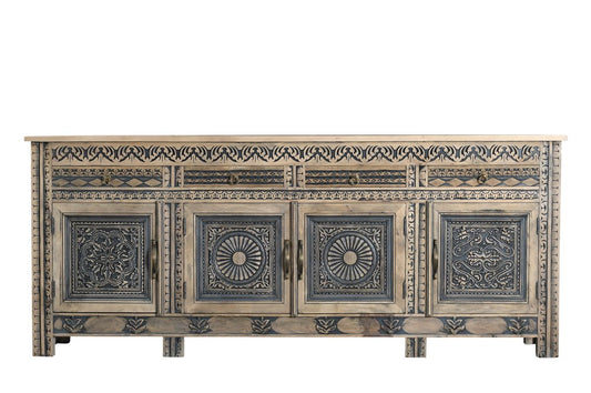 102" Natural And Black Distressed Solid Wood Carved Geometric Four Drawer Sideboard