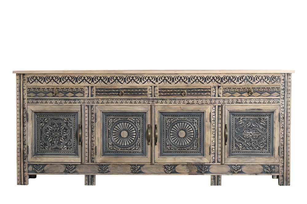 102" Natural And Black Distressed Solid Wood Carved Geometric Four Drawer Sideboard