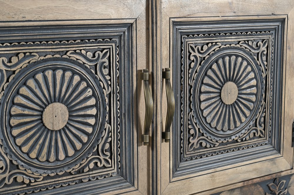 102" Natural And Black Distressed Solid Wood Carved Geometric Four Drawer Sideboard