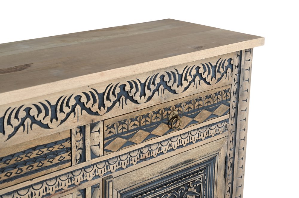 102" Natural And Black Distressed Solid Wood Carved Geometric Four Drawer Sideboard