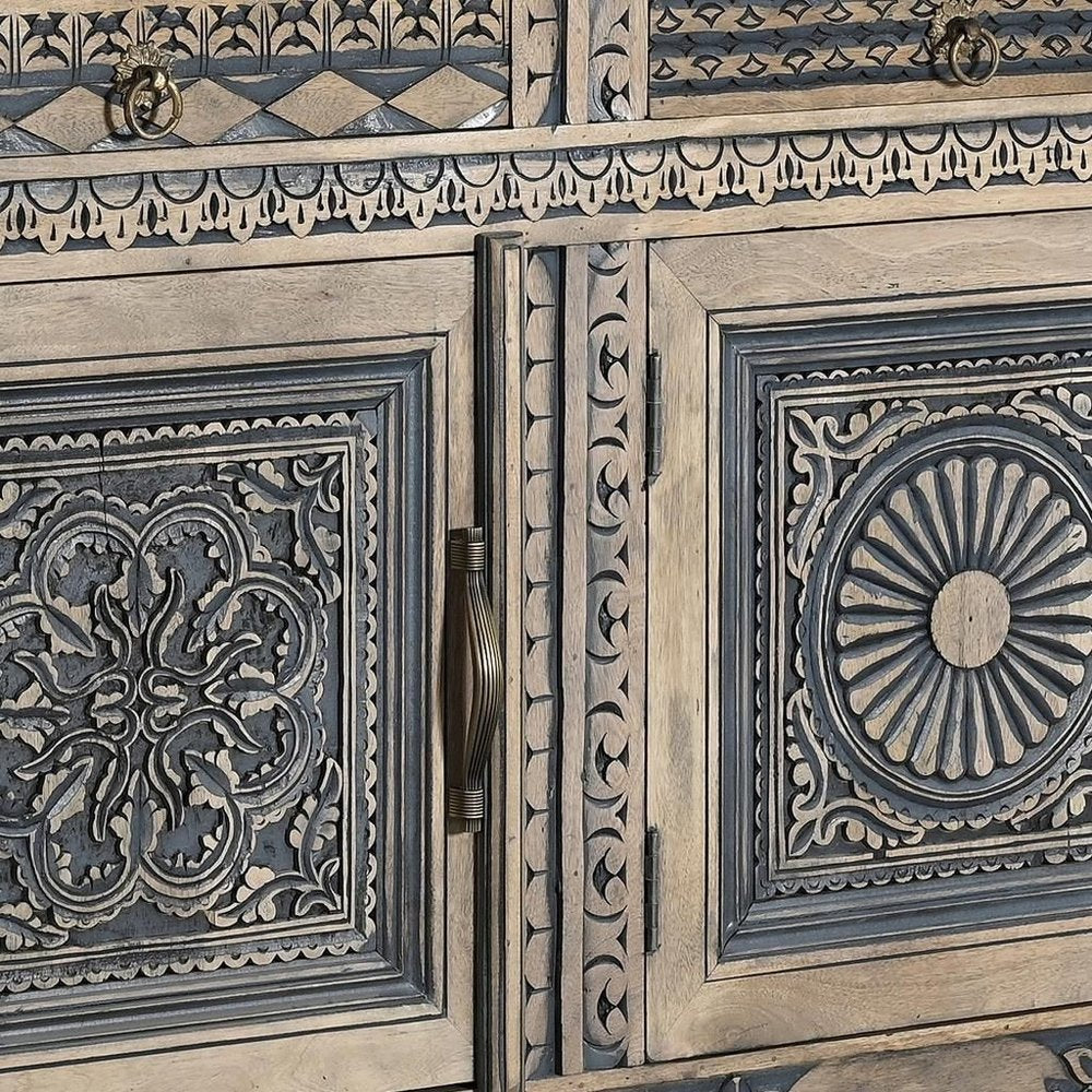 102" Natural And Black Distressed Solid Wood Carved Geometric Four Drawer Sideboard