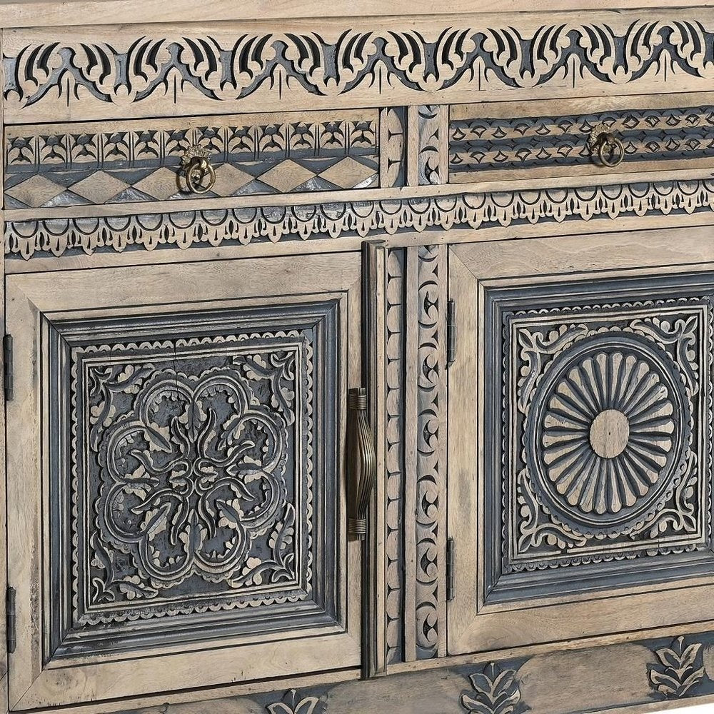 102" Natural And Black Distressed Solid Wood Carved Geometric Four Drawer Sideboard