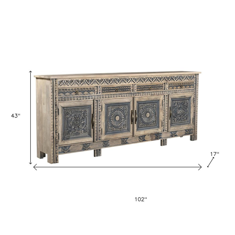 102" Natural And Black Distressed Solid Wood Carved Geometric Four Drawer Sideboard