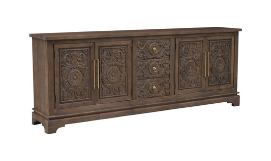 106" Brown Distressed Solid Wood Carved Floral Three Drawer Sideboard with Four Doors