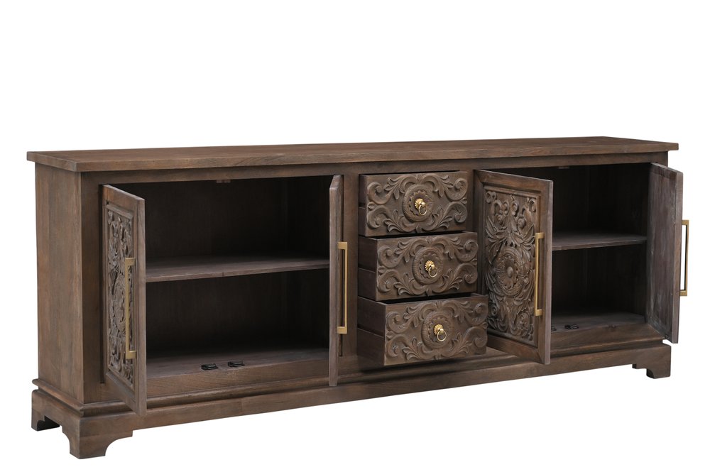 106" Brown Distressed Solid Wood Carved Floral Three Drawer Sideboard with Four Doors