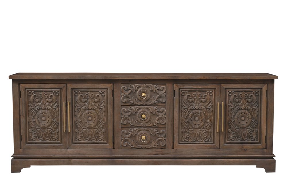 106" Brown Distressed Solid Wood Carved Floral Three Drawer Sideboard with Four Doors