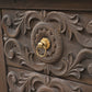 106" Brown Distressed Solid Wood Carved Floral Three Drawer Sideboard with Four Doors