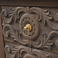 106" Brown Distressed Solid Wood Carved Floral Three Drawer Sideboard with Four Doors