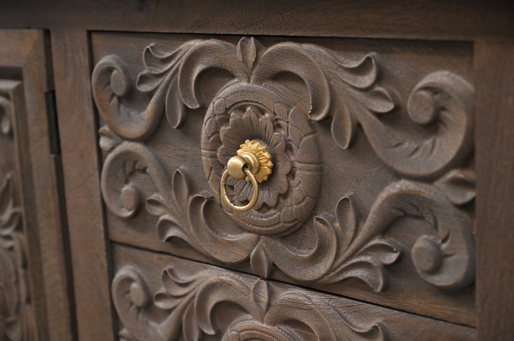 106" Brown Distressed Solid Wood Carved Floral Three Drawer Sideboard with Four Doors