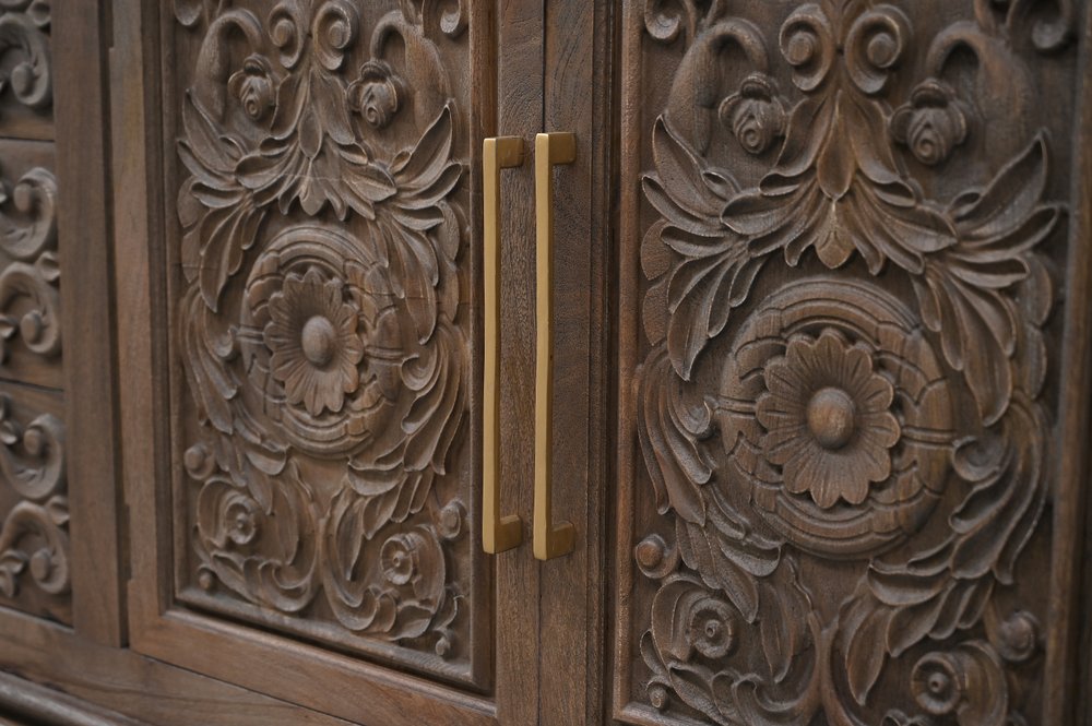 106" Brown Distressed Solid Wood Carved Floral Three Drawer Sideboard with Four Doors