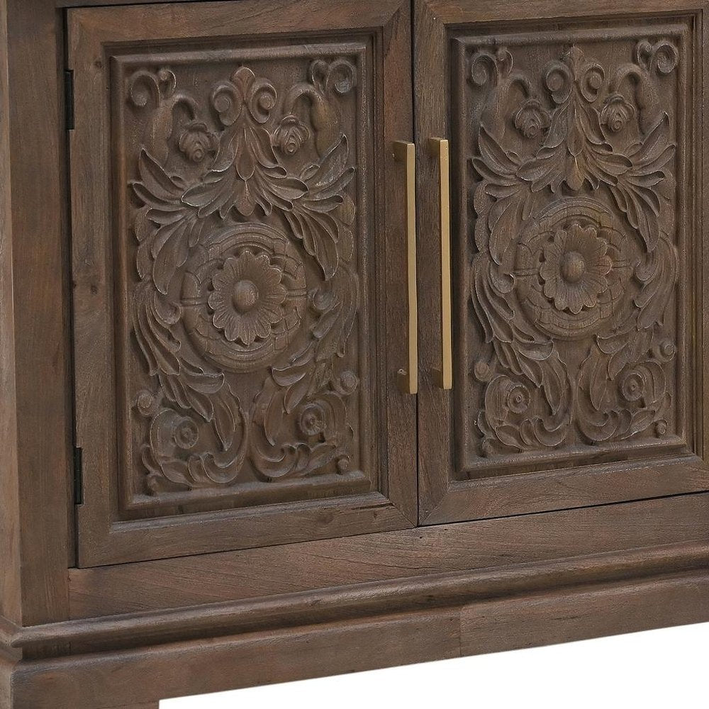 106" Brown Distressed Solid Wood Carved Floral Three Drawer Sideboard with Four Doors
