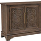 106" Brown Distressed Solid Wood Carved Floral Three Drawer Sideboard with Four Doors