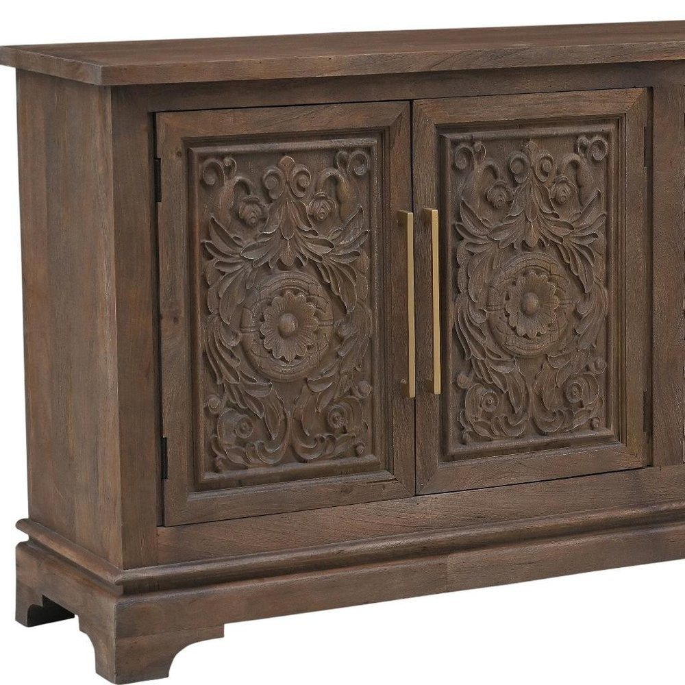 106" Brown Distressed Solid Wood Carved Floral Three Drawer Sideboard with Four Doors