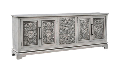 106" Gray Distressed Solid Wood Carved Floral Three Drawer Sideboard with Four Doors