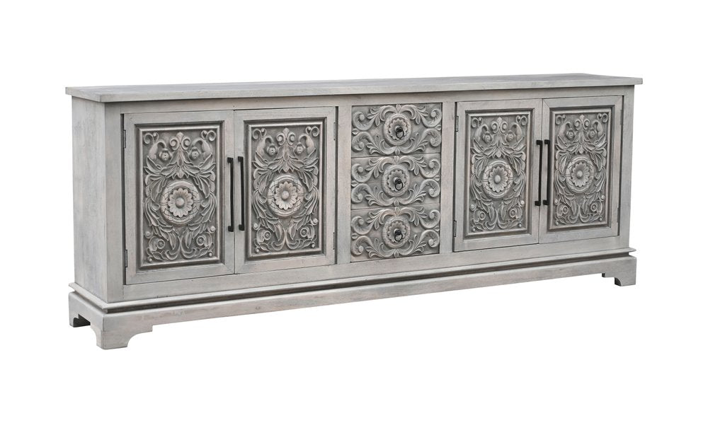 106" Gray Distressed Solid Wood Carved Floral Three Drawer Sideboard with Four Doors