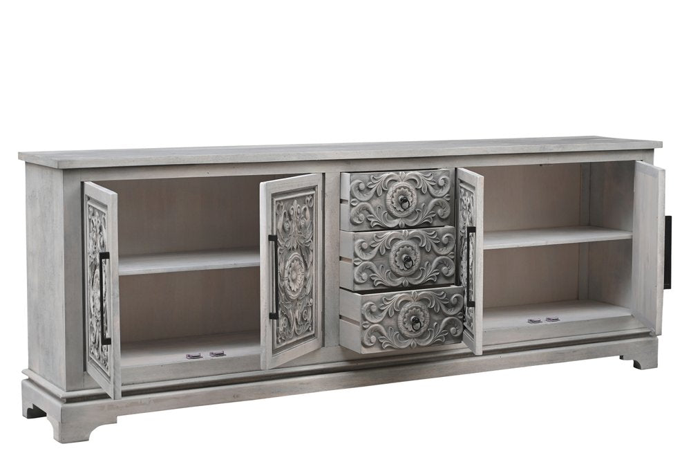 106" Gray Distressed Solid Wood Carved Floral Three Drawer Sideboard with Four Doors