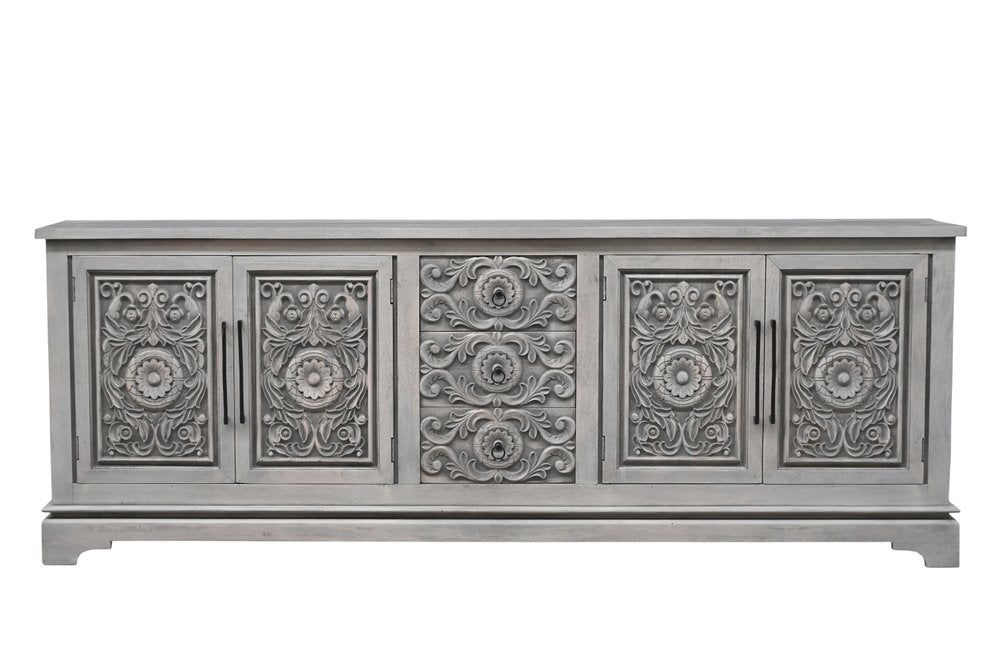 106" Gray Distressed Solid Wood Carved Floral Three Drawer Sideboard with Four Doors