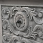 106" Gray Distressed Solid Wood Carved Floral Three Drawer Sideboard with Four Doors