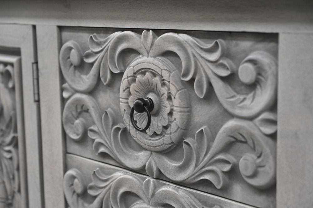 106" Gray Distressed Solid Wood Carved Floral Three Drawer Sideboard with Four Doors