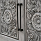 106" Gray Distressed Solid Wood Carved Floral Three Drawer Sideboard with Four Doors