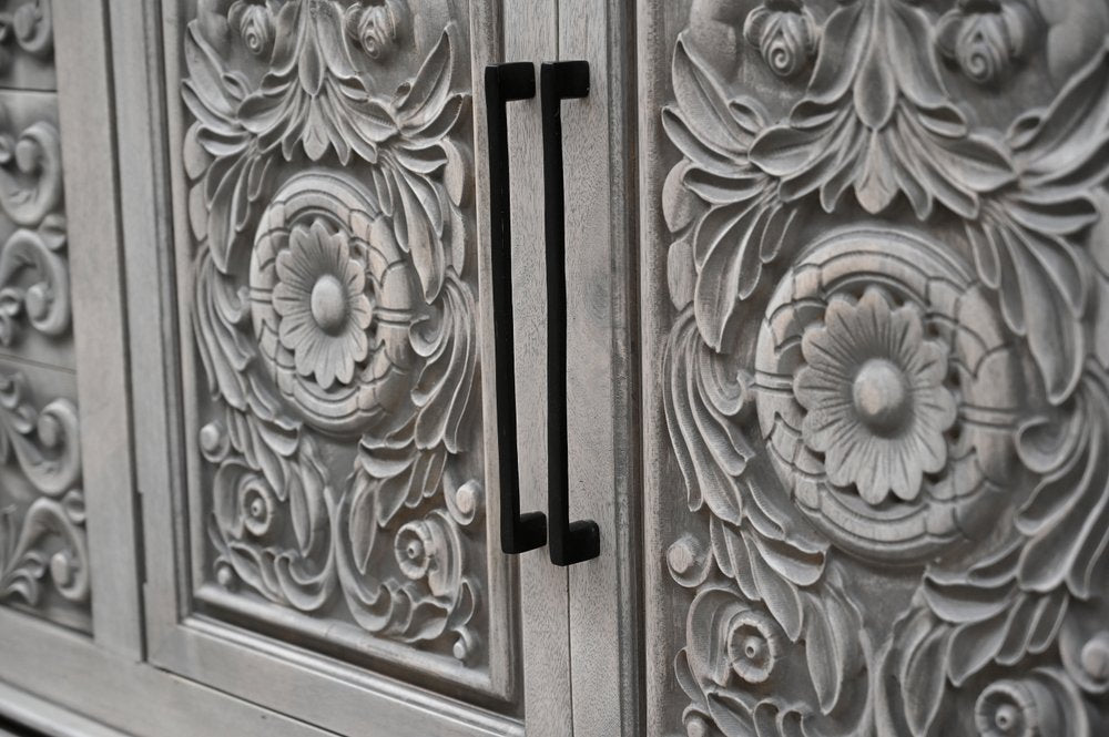 106" Gray Distressed Solid Wood Carved Floral Three Drawer Sideboard with Four Doors