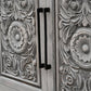 106" Gray Distressed Solid Wood Carved Floral Three Drawer Sideboard with Four Doors