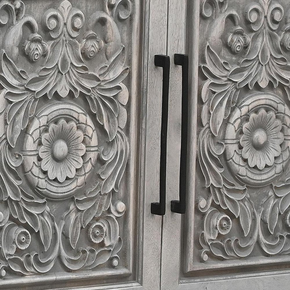 106" Gray Distressed Solid Wood Carved Floral Three Drawer Sideboard with Four Doors