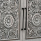 106" Gray Distressed Solid Wood Carved Floral Three Drawer Sideboard with Four Doors