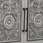 106" Gray Distressed Solid Wood Carved Floral Three Drawer Sideboard with Four Doors