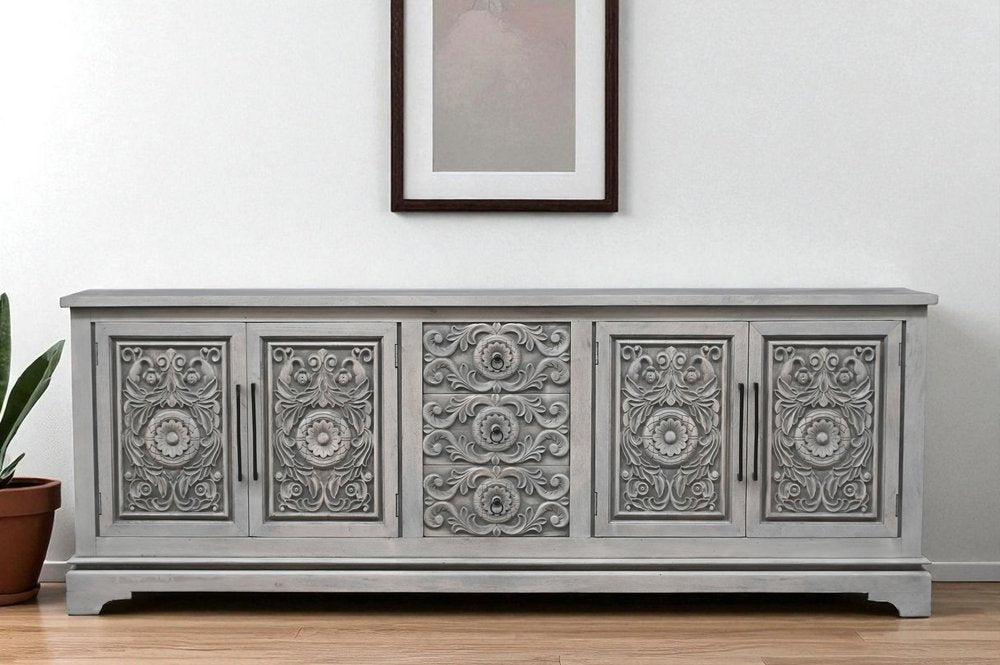 106" Gray Distressed Solid Wood Carved Floral Three Drawer Sideboard with Four Doors