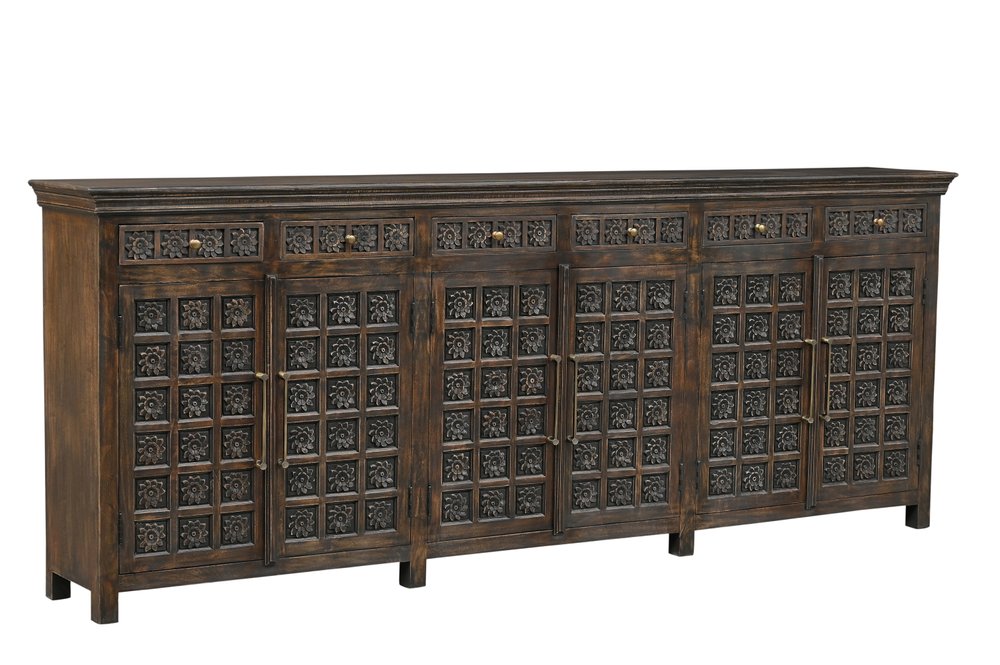 107" Brown Distressed Solid Wood Carved Floral Six Drawer Sideboard with Six Doors