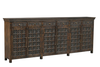 107" Brown Distressed Solid Wood Carved Floral Six Drawer Sideboard with Six Doors