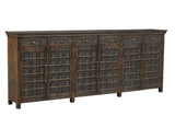 107" Brown Distressed Solid Wood Carved Floral Six Drawer Sideboard with Six Doors