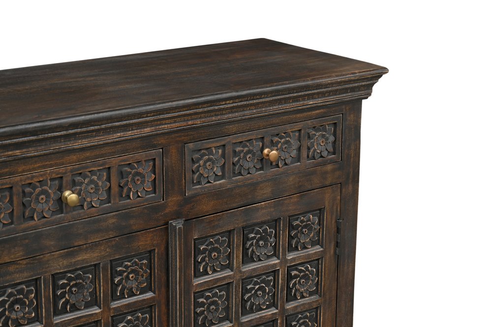107" Brown Distressed Solid Wood Carved Floral Six Drawer Sideboard with Six Doors
