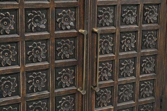 107" Brown Distressed Solid Wood Carved Floral Six Drawer Sideboard with Six Doors