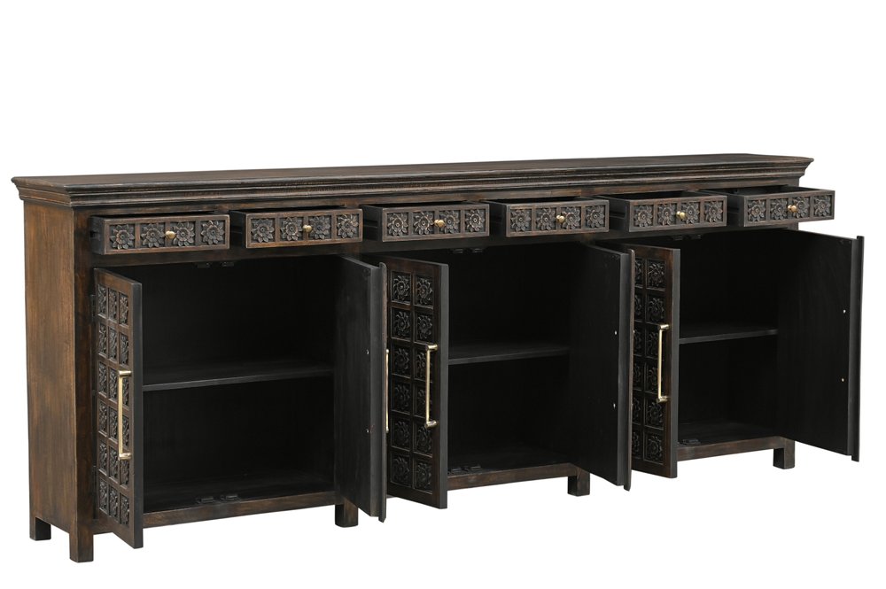 107" Brown Distressed Solid Wood Carved Floral Six Drawer Sideboard with Six Doors