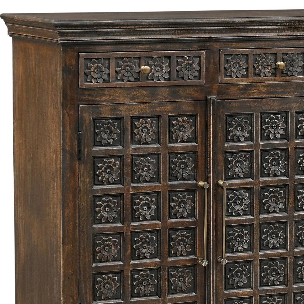 107" Brown Distressed Solid Wood Carved Floral Six Drawer Sideboard with Six Doors