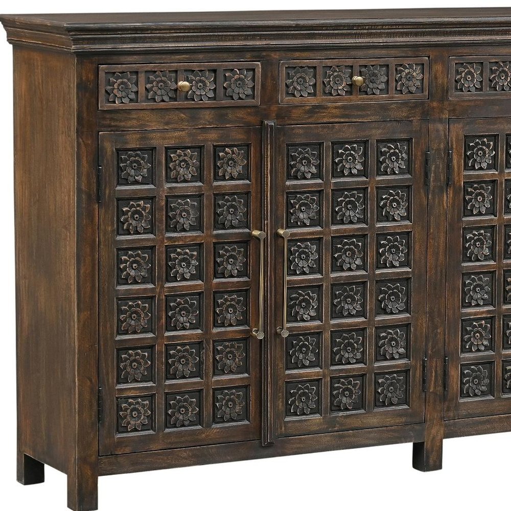 107" Brown Distressed Solid Wood Carved Floral Six Drawer Sideboard with Six Doors