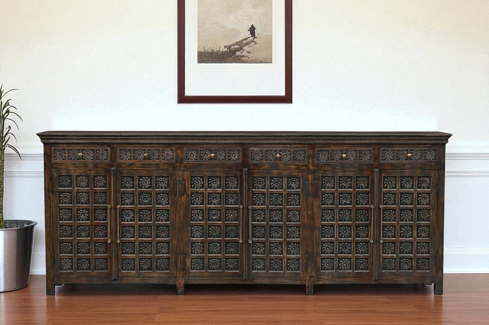 107" Brown Distressed Solid Wood Carved Floral Six Drawer Sideboard with Six Doors
