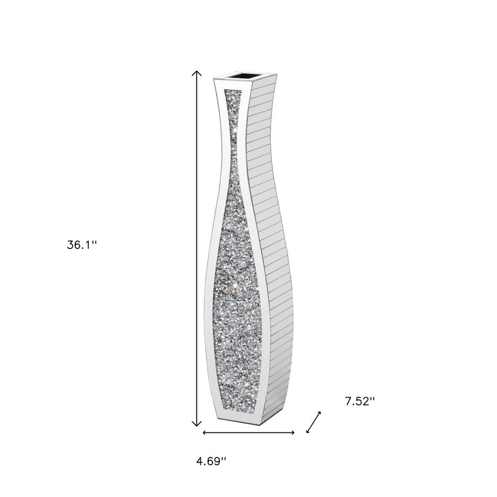 36" Silver Faux Crystal And Mirrored Glass Floor Vase