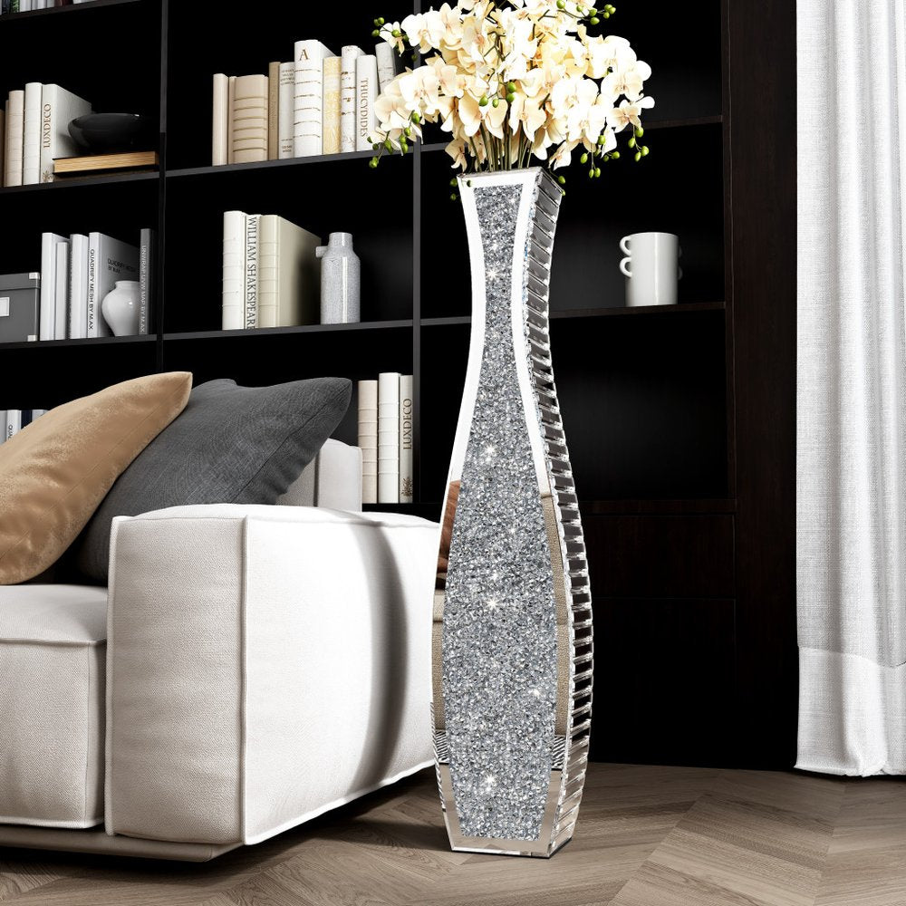 36" Silver Faux Crystal And Mirrored Glass Floor Vase