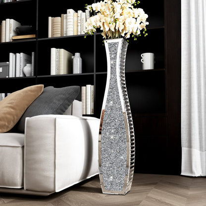 36" Silver Faux Crystal And Mirrored Glass Floor Vase